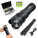 Lanterna recarregável Luatek preta com zoom, maleta, quatro baterias, alça e cabo USB